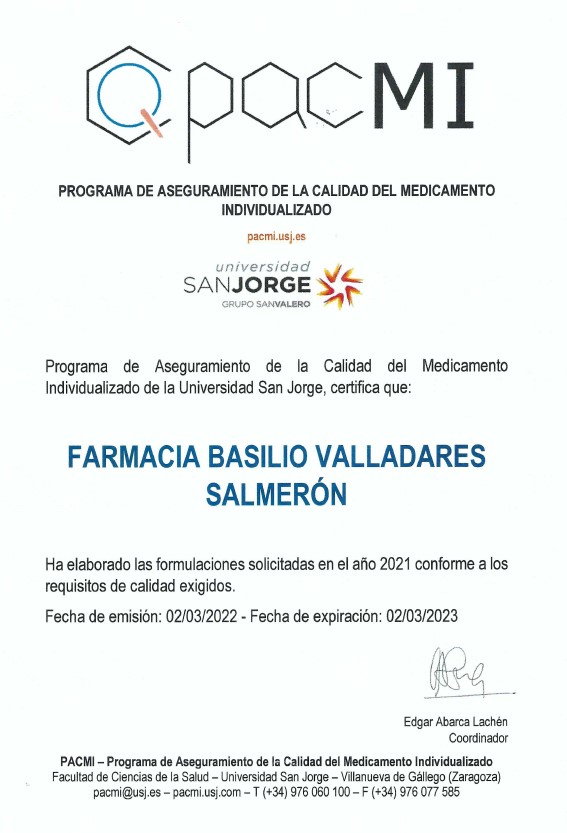 Certificado PACMI Farmacia Finca España